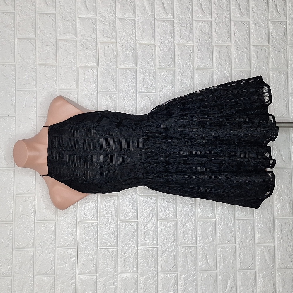 BEBE Black Floral Mesh Lace Fit and Flare Dress with High Neckline